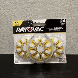 Rayovac Size 10 Zinc Air Hearing Aid Batteries 24 Pack 1.45V Yellow Tab Made USA